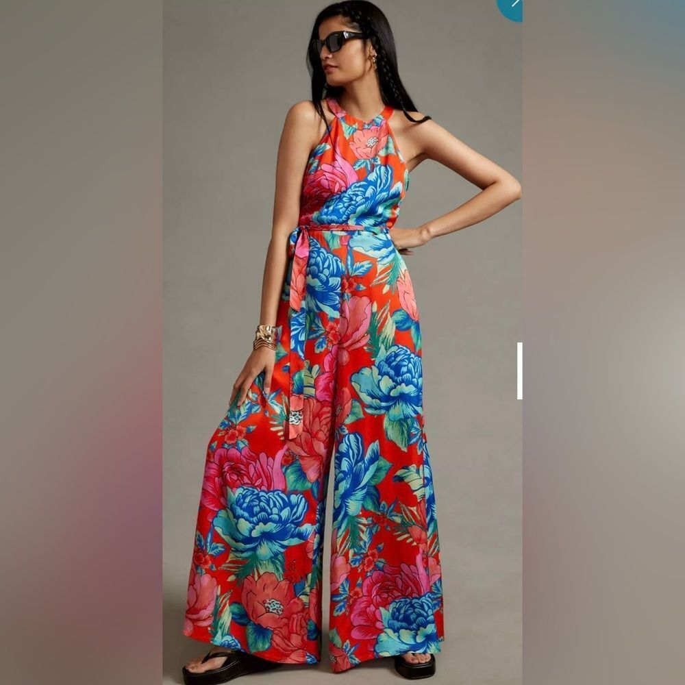 Farm Rio x Anthropologie Floral Print Halter Wide Leg Jumpsuit Resortwear - XS - Picture 1 of 15